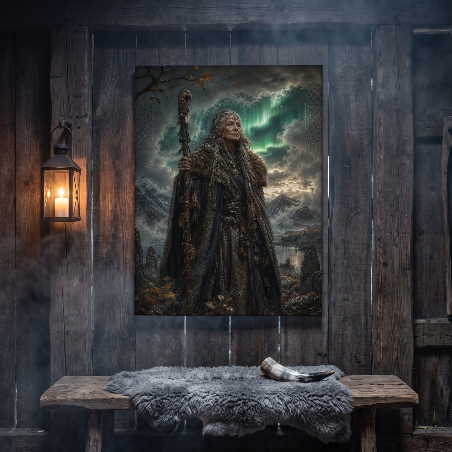 Spákona canvas hanging on a weathered grey wood-plank wall above a rustic bench draped with a grey sheepskin and a polished drinking horn, lit by an iron wall lantern holding a burning candle.