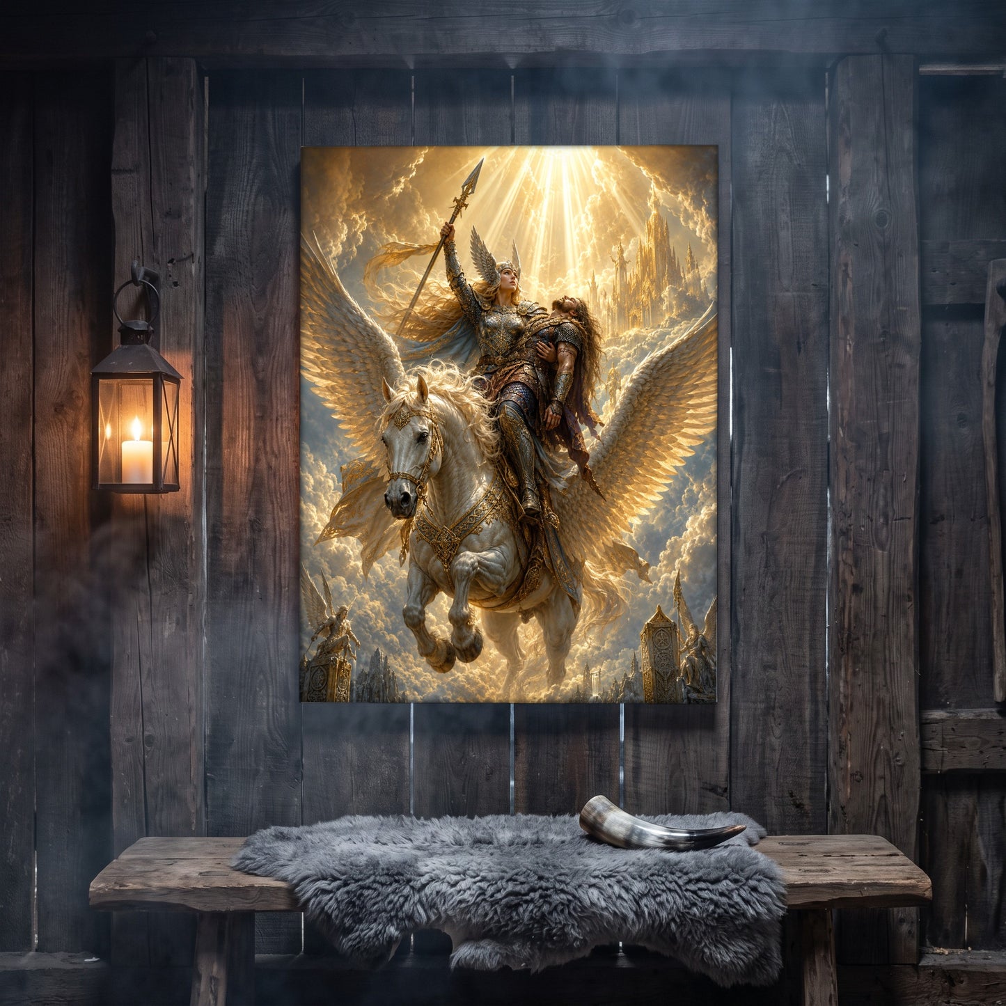 Valkyrie canvas hanging on a weathered grey wood-plank wall above a rustic bench draped with a grey sheepskin and a polished drinking horn, lit by an iron wall lantern holding a burning candle.