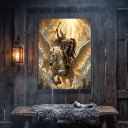 Valkyrie canvas hanging on a weathered grey wood-plank wall above a rustic bench draped with a grey sheepskin and a polished drinking horn, lit by an iron wall lantern holding a burning candle.