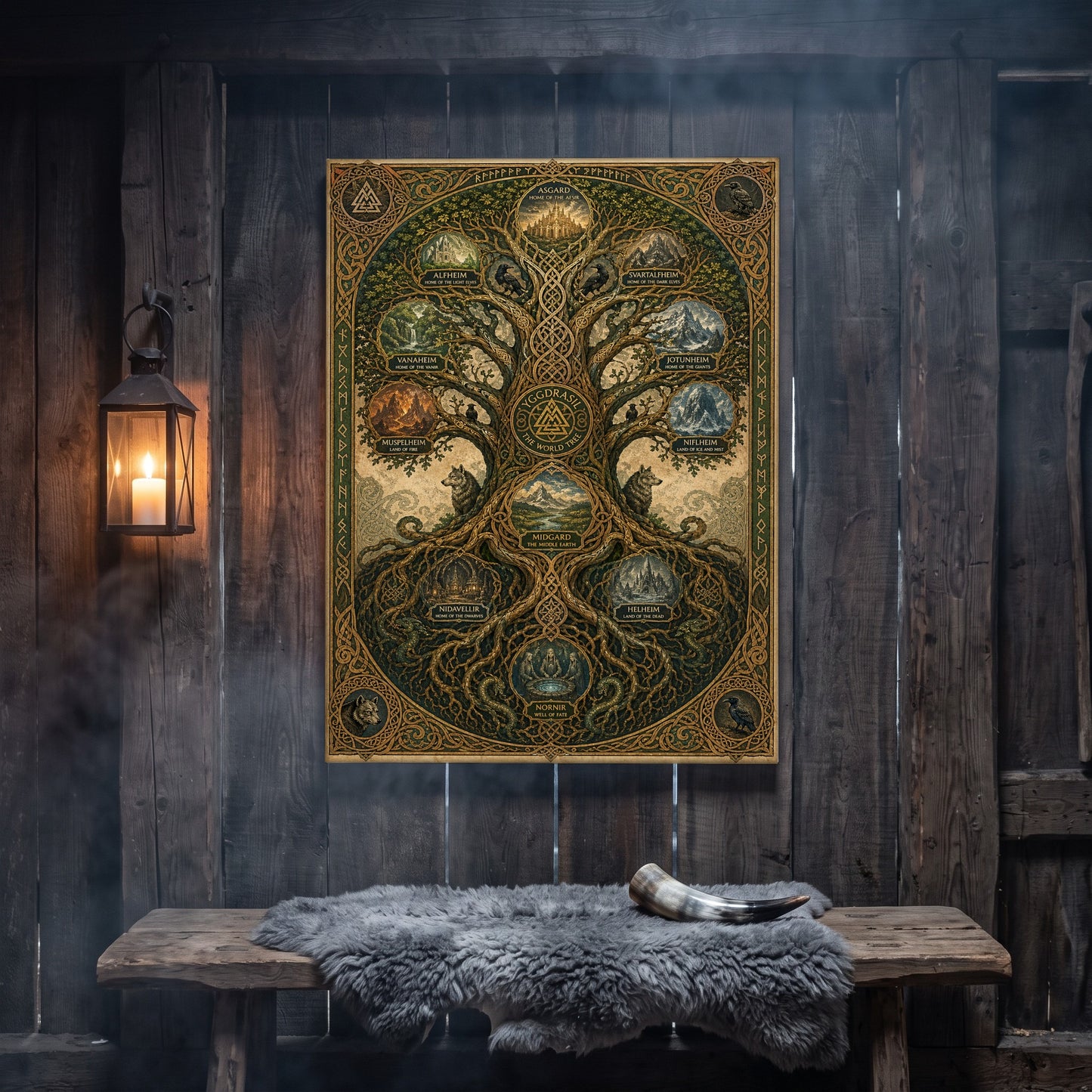 The Nine Realms canvas hanging on a weathered grey wood-plank wall above a rustic bench draped with a grey sheepskin and a polished drinking horn, lit by an iron wall lantern holding a burning candle.