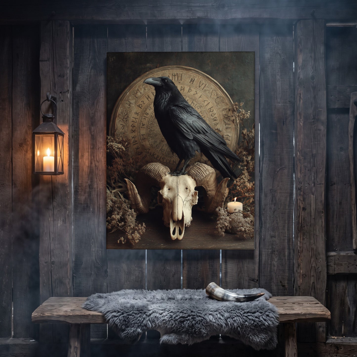 Hrafn canvas hanging on a weathered grey wood-plank wall above a rustic bench draped with a grey sheepskin and a polished drinking horn, lit by an iron wall lantern holding a burning candle.