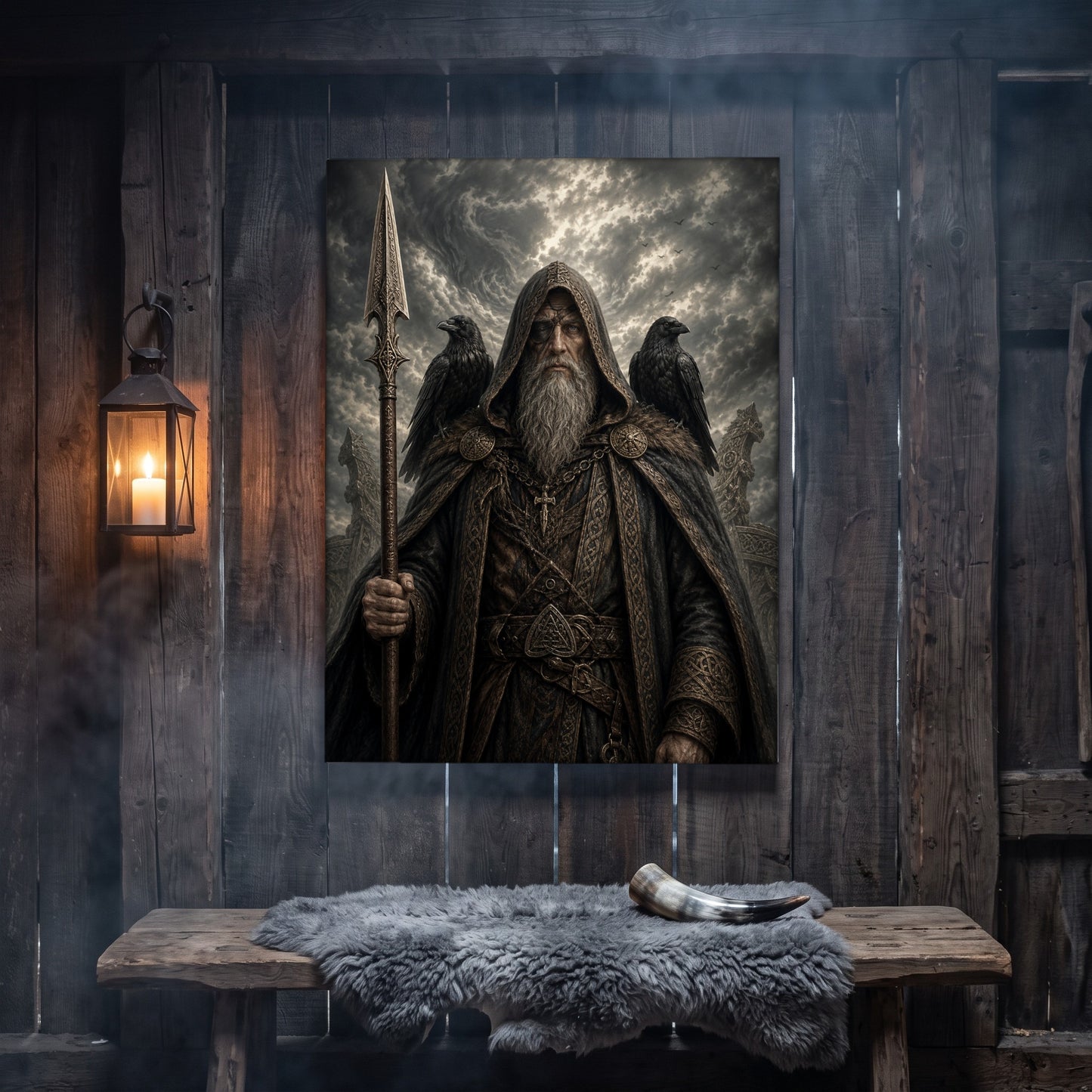 Gungnir canvas hanging on a weathered grey wood-plank wall above a rustic bench draped with a grey sheepskin and a polished drinking horn, lit by an iron wall lantern holding a burning candle.
