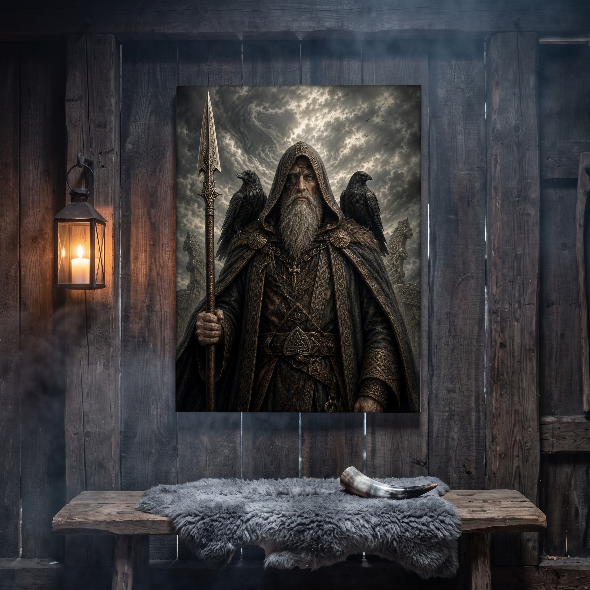 Gungnir canvas hanging on a weathered grey wood-plank wall above a rustic bench draped with a grey sheepskin and a polished drinking horn, lit by an iron wall lantern holding a burning candle.