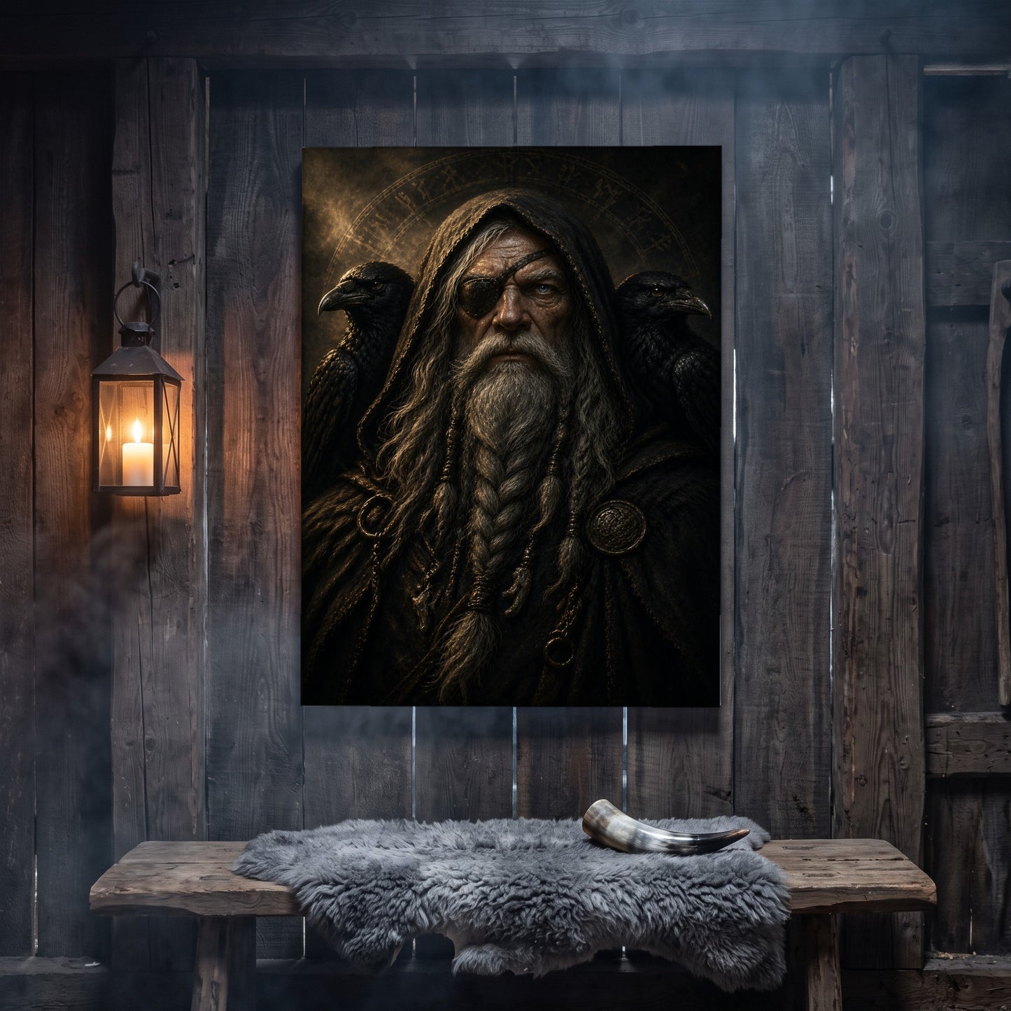 The Allfather canvas hanging on a weathered grey wood-plank wall above a rustic bench draped with a grey sheepskin and a polished drinking horn, lit by an iron wall lantern holding a burning candle.