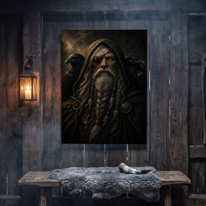 The Allfather canvas hanging on a weathered grey wood-plank wall above a rustic bench draped with a grey sheepskin and a polished drinking horn, lit by an iron wall lantern holding a burning candle.