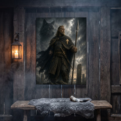 Tyr canvas hanging on a weathered grey wood-plank wall above a rustic bench draped with a grey sheepskin and a polished drinking horn, lit by an iron wall lantern holding a burning candle.