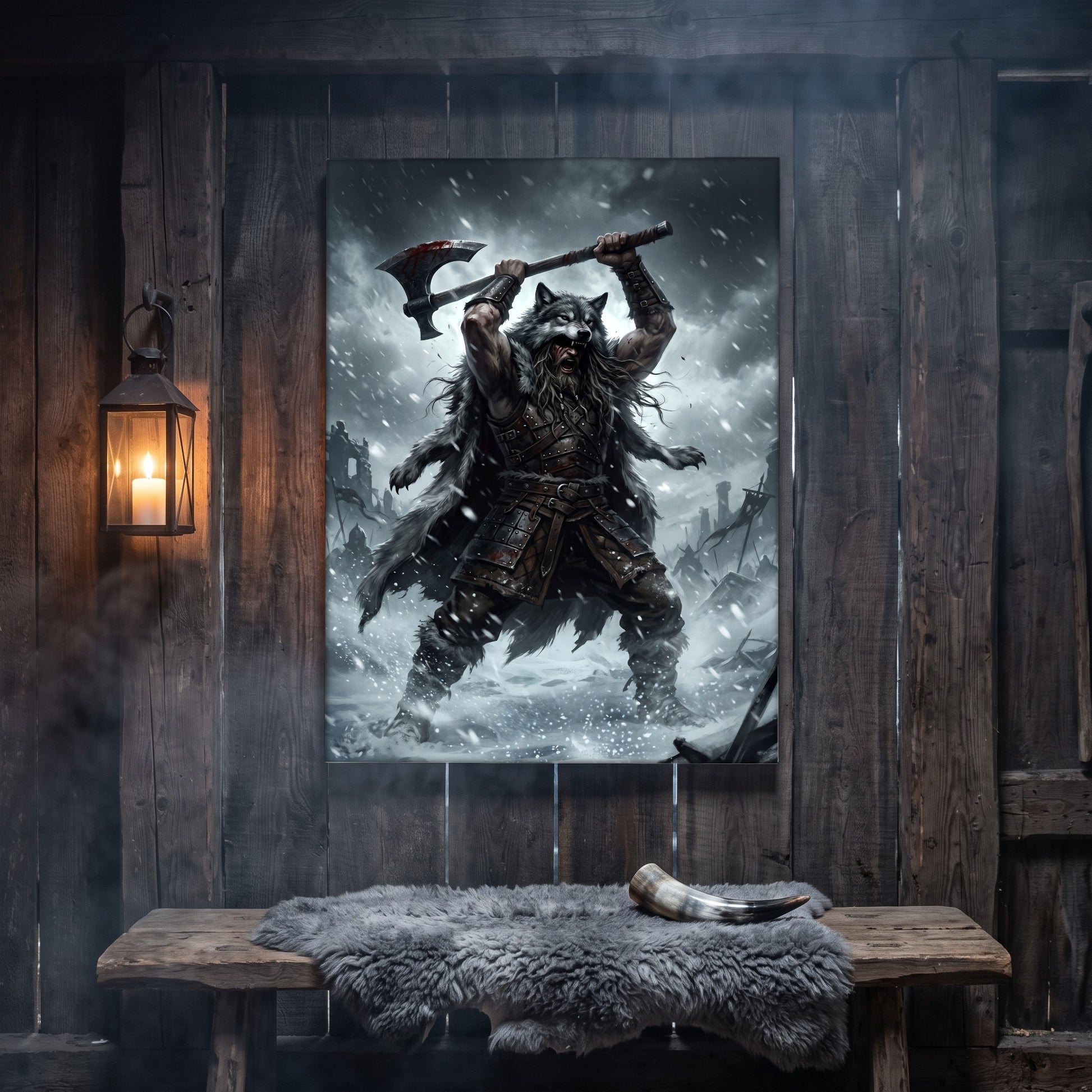 Berserker Rage canvas hanging on a weathered grey wood-plank wall above a rustic bench draped with a grey sheepskin and a polished drinking horn, lit by an iron wall lantern holding a burning candle.