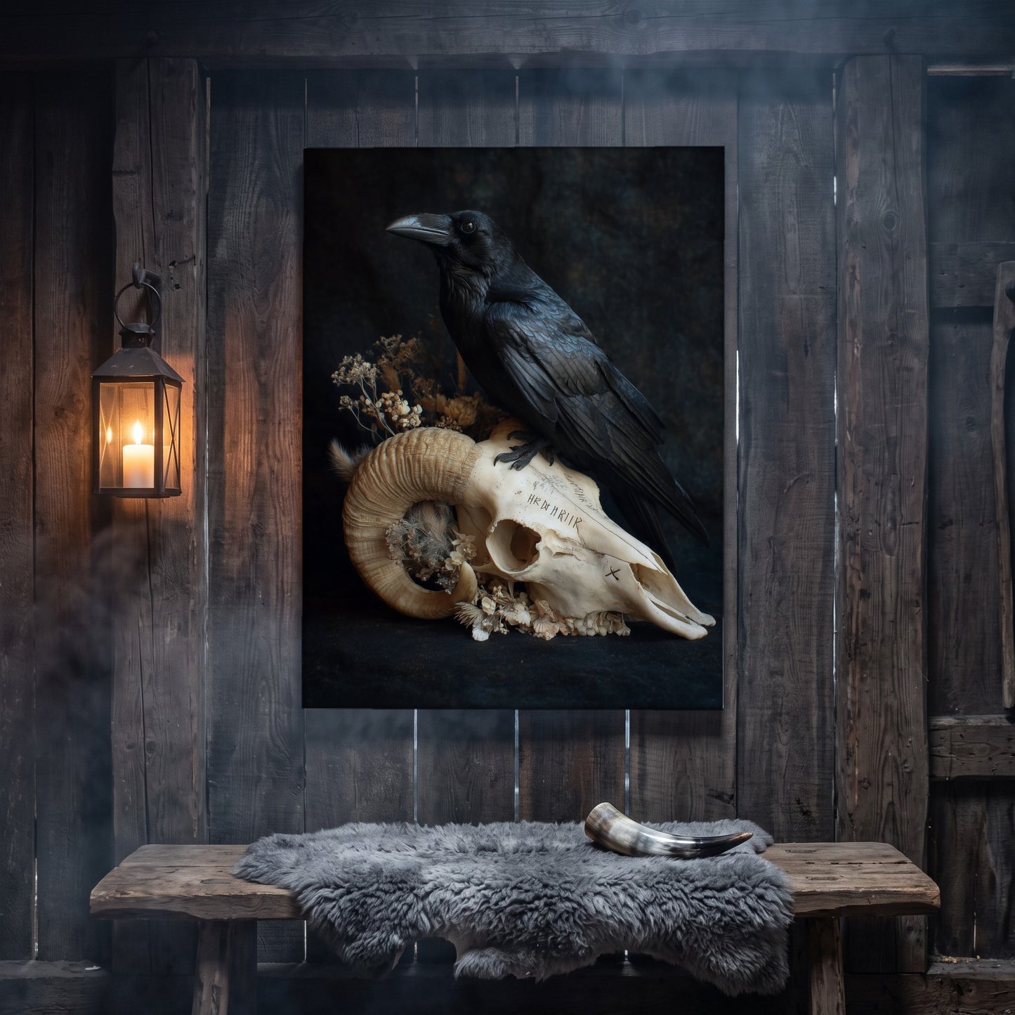 Hel canvas hanging on a weathered grey wood-plank wall above a rustic bench draped with a grey sheepskin and a polished drinking horn, lit by an iron wall lantern holding a burning candle.