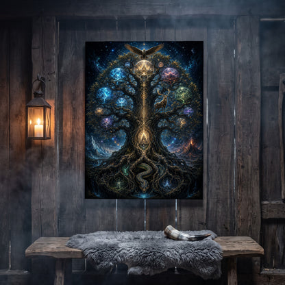 Yggdrasil canvas hanging on a weathered grey wood-plank wall above a rustic bench draped with a grey sheepskin and a polished drinking horn, lit by an iron wall lantern holding a burning candle.