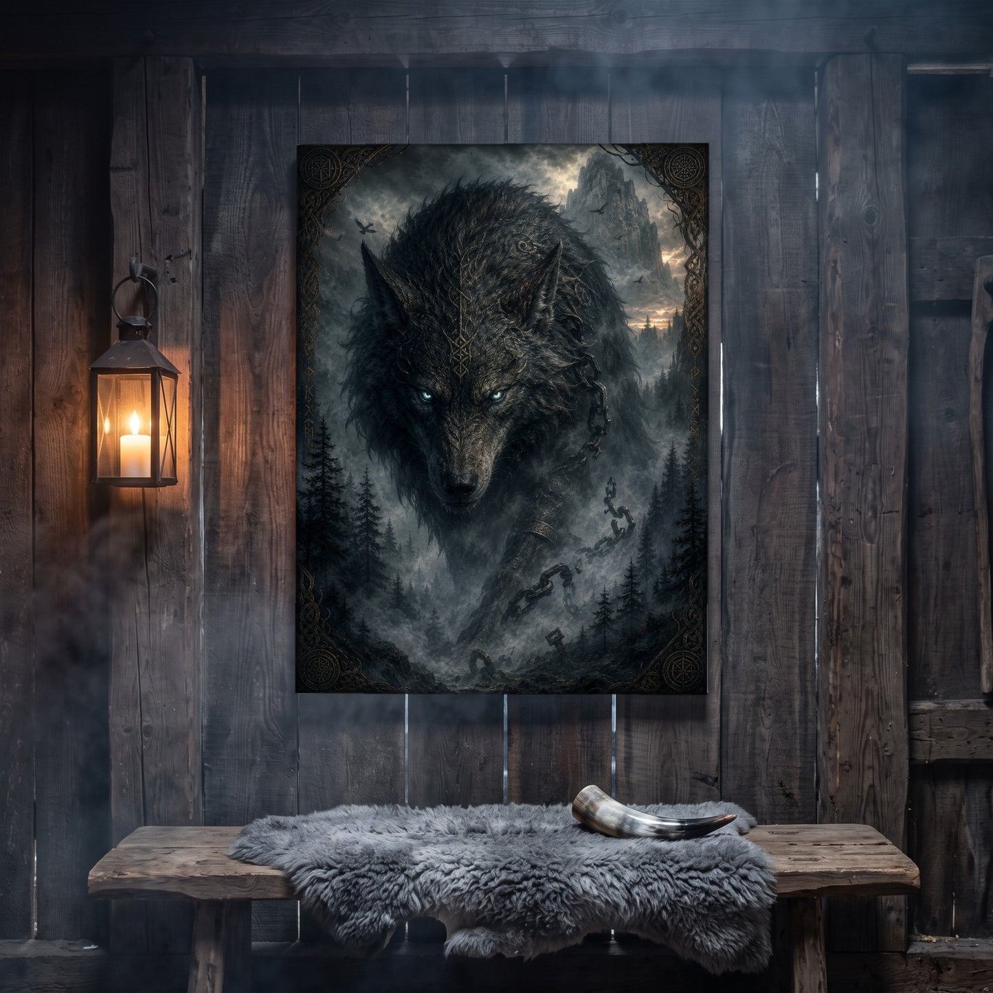 Vanagandr canvas hanging on a weathered grey wood-plank wall above a rustic bench draped with a grey sheepskin and a polished drinking horn, lit by an iron wall lantern holding a burning candle.