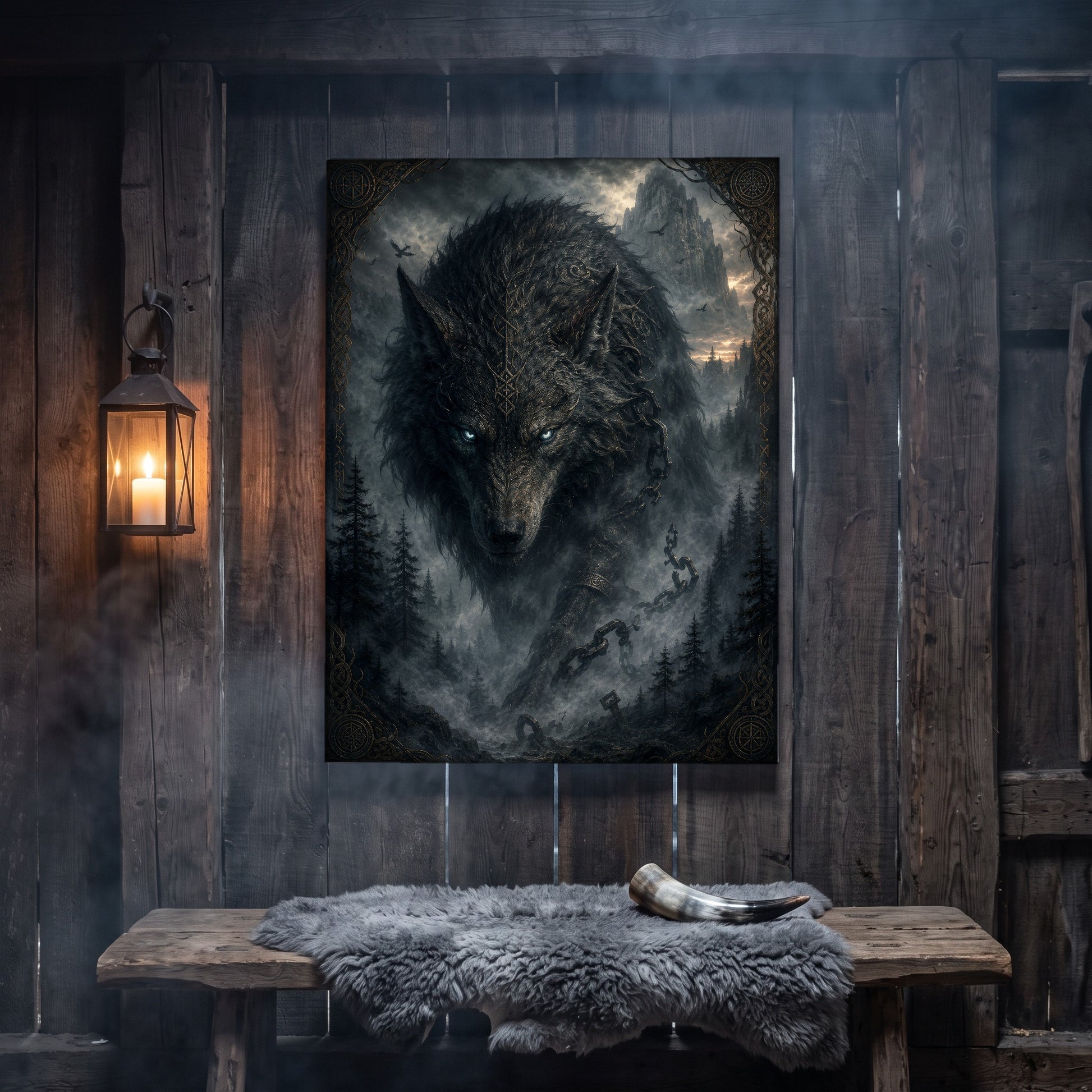 Vanagandr canvas hanging on a weathered grey wood-plank wall above a rustic bench draped with a grey sheepskin and a polished drinking horn, lit by an iron wall lantern holding a burning candle.
