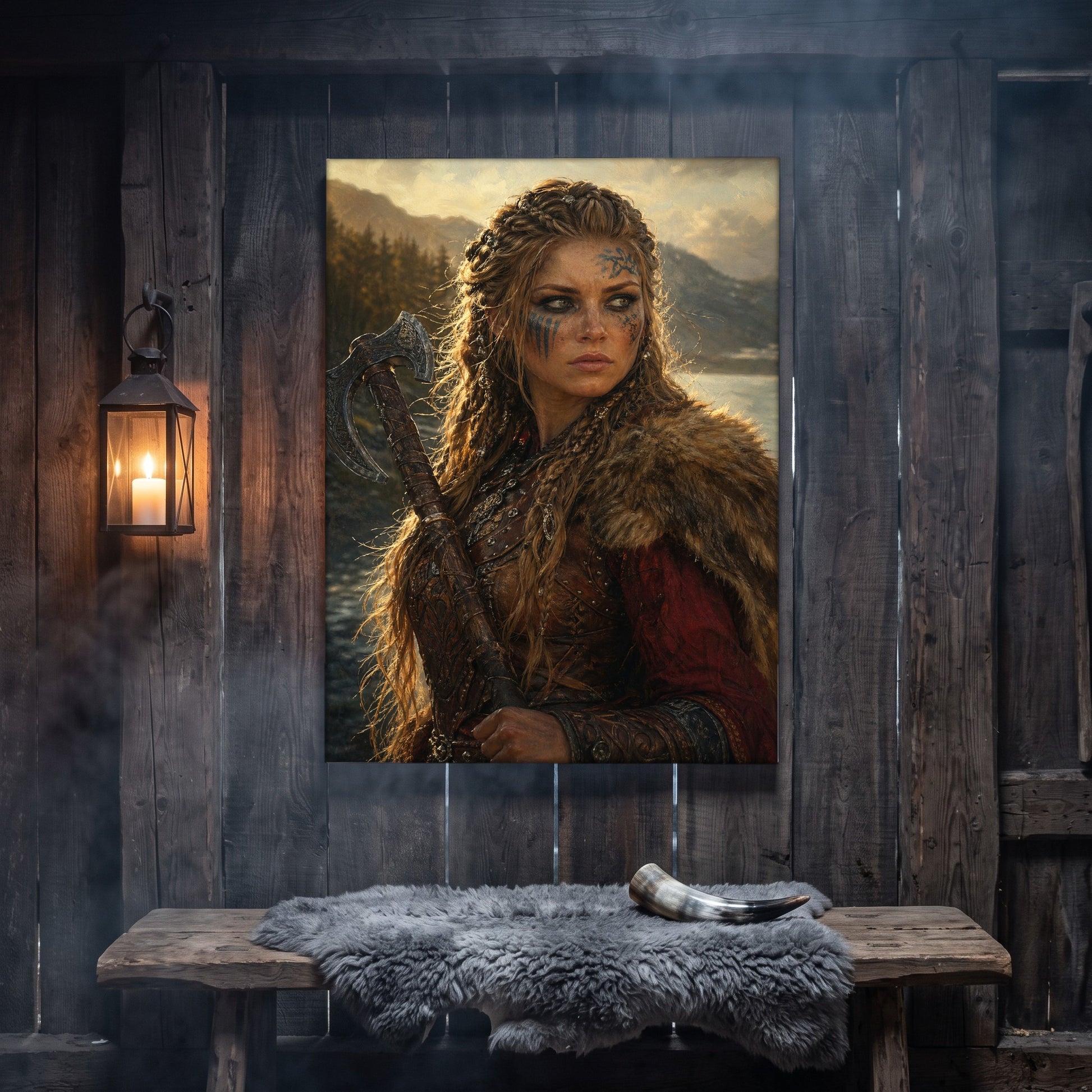 Shieldmaiden canvas hanging on a weathered grey wood-plank wall above a rustic bench draped with a grey sheepskin and a polished drinking horn, lit by an iron wall lantern holding a burning candle.