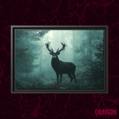 The Green Chapel shown as a black framed canvas against a deep red marbled backdrop with the Draugon wordmark in the lower corner, displaying the full teal-green misty forest and standing stag.
