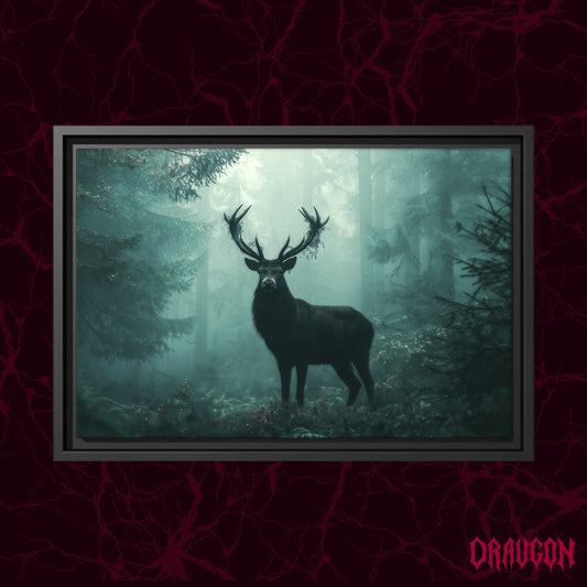 The Green Chapel shown as a black framed canvas against a deep red marbled backdrop with the Draugon wordmark in the lower corner, displaying the full teal-green misty forest and standing stag.