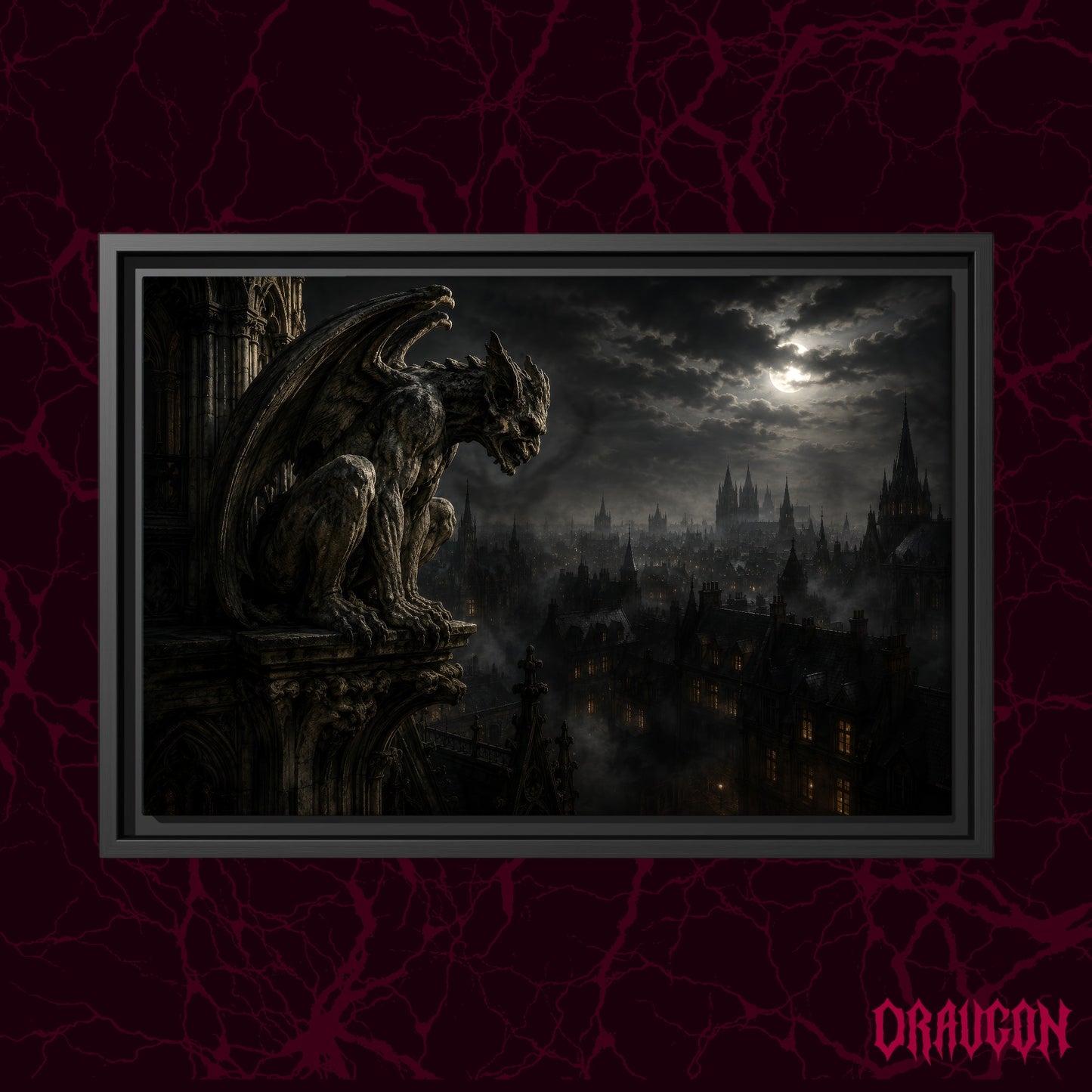 Nightwatch shown as a black framed canvas against a deep red marbled backdrop with the Draugon wordmark in the lower corner, displaying the gargoyle above the foggy gothic city.