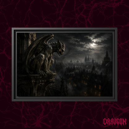Nightwatch shown as a black framed canvas against a deep red marbled backdrop with the Draugon wordmark in the lower corner, displaying the gargoyle above the foggy gothic city.