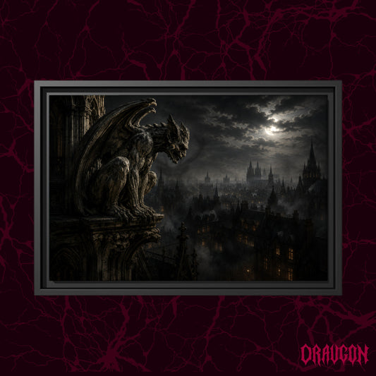 Nightwatch shown as a black framed canvas against a deep red marbled backdrop with the Draugon wordmark in the lower corner, displaying the gargoyle above the foggy gothic city.
