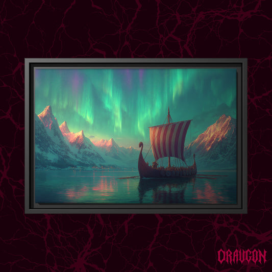 Vinland shown as a black framed canvas against a deep red marbled backdrop with the Draugon wordmark in the lower corner, displaying the longship, the teal aurora and the coral-lit peaks.