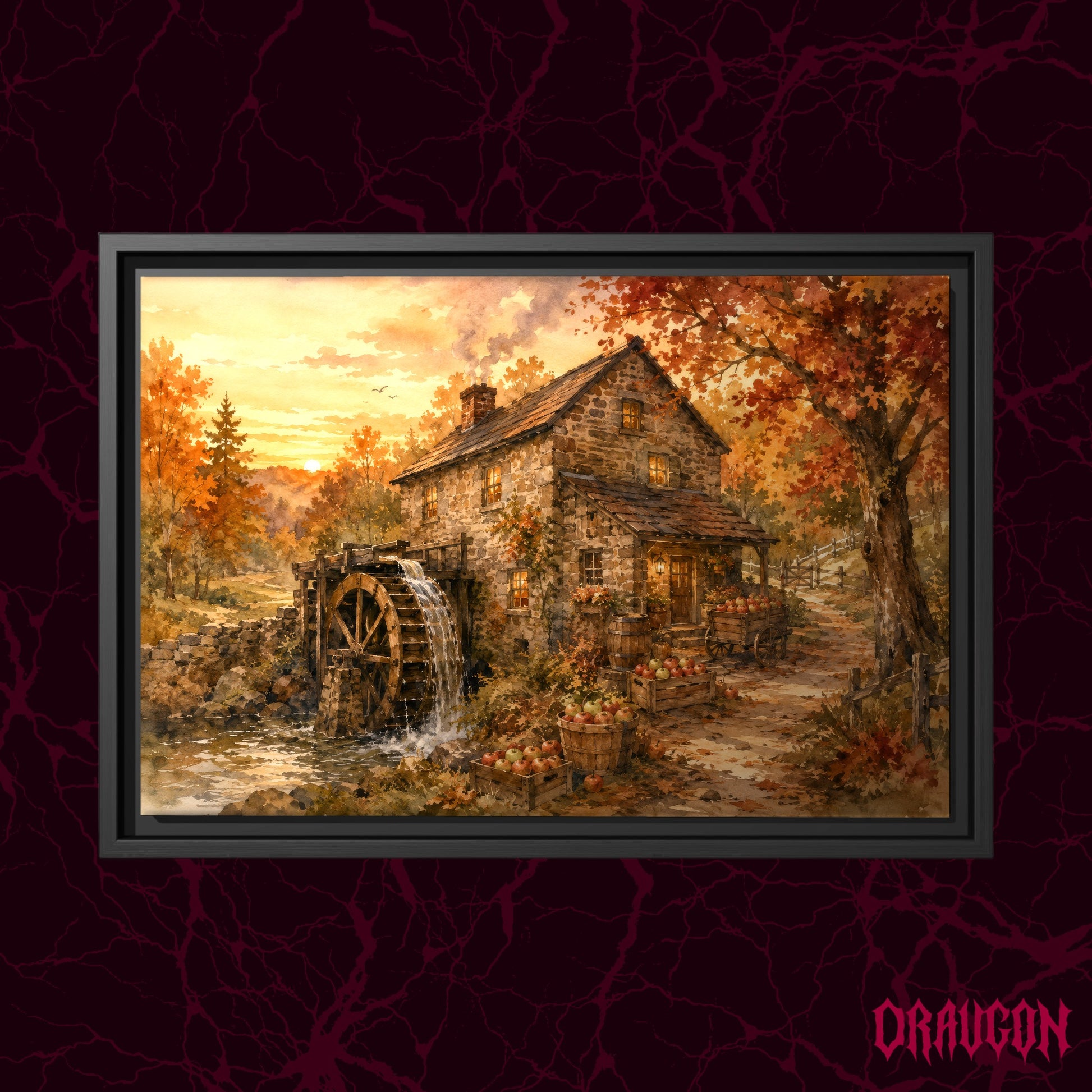 Millpond Gold shown as a black framed landscape canvas against a deep red marbled backdrop with the Draugon wordmark in the corner, displaying the golden-hour millhouse and apple harvest scene.