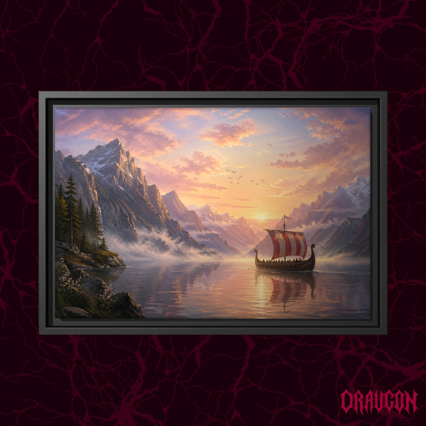The Longship at Dawn shown as a black framed canvas against a deep red marbled backdrop with the Draugon wordmark in the lower corner, displaying the full fjord sunrise and the sailing longship.