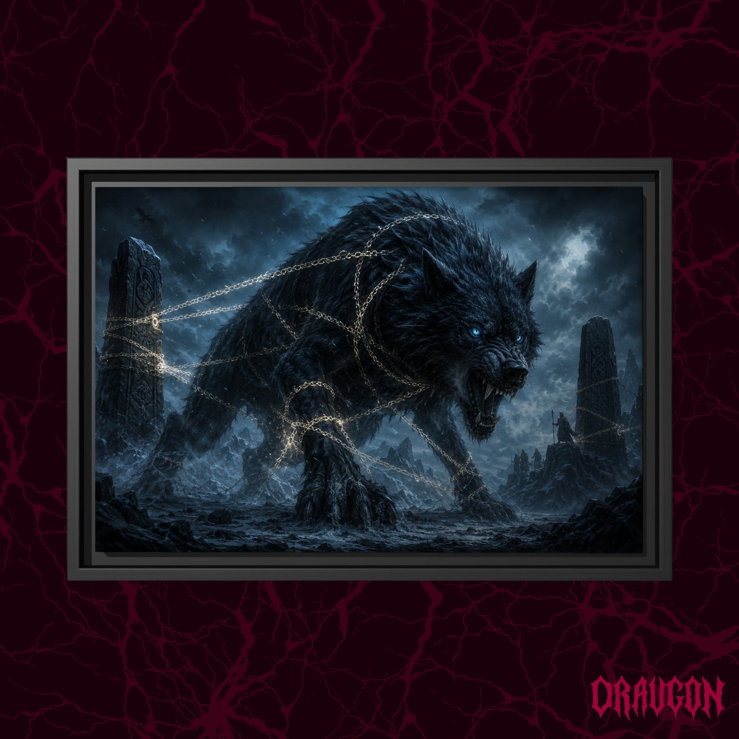 Fenrir shown as a black framed canvas against a deep red marbled backdrop with the Draugon wordmark in the lower corner, displaying the bound wolf and its glowing chain.