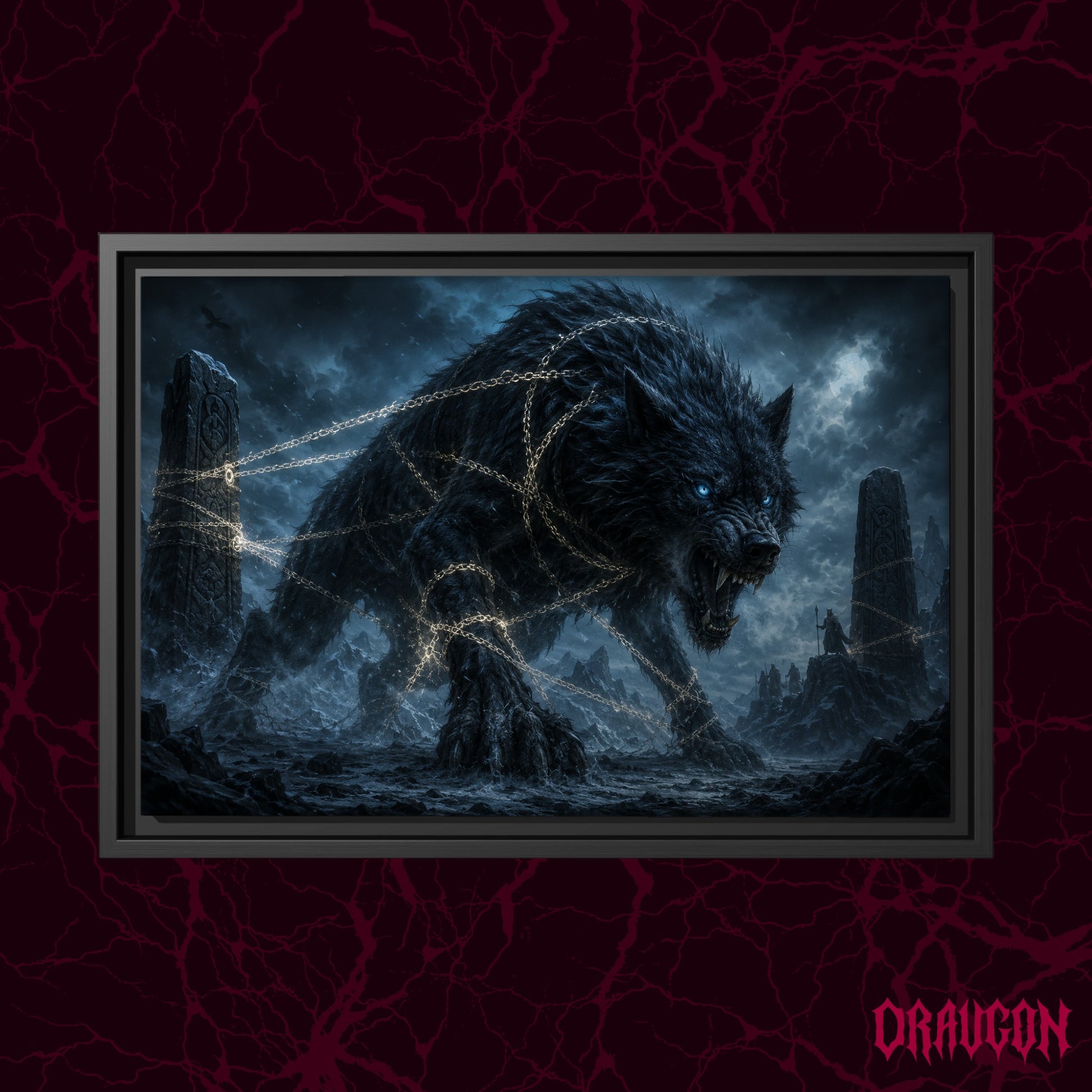 Fenrir shown as a black framed canvas against a deep red marbled backdrop with the Draugon wordmark in the lower corner, displaying the bound wolf and its glowing chain.