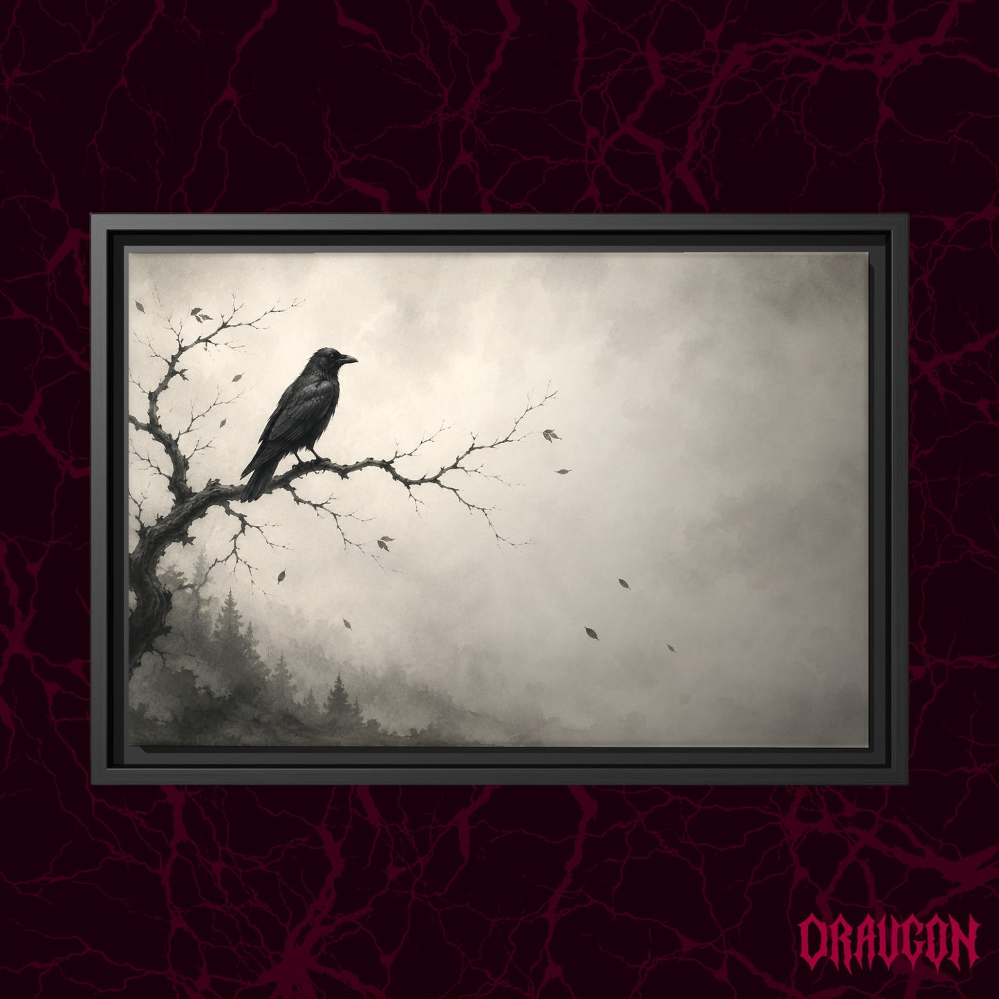 Hollow Morning shown as a black framed canvas against a deep red marbled backdrop with the Draugon wordmark in the lower corner, displaying the black crow on its bare branch above the misty pine forest and the wide expanse of pale grey sky.