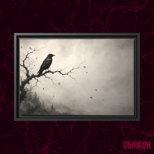 Hollow Morning shown as a black framed canvas against a deep red marbled backdrop with the Draugon wordmark in the lower corner, displaying the black crow on its bare branch above the misty pine forest and the wide expanse of pale grey sky.