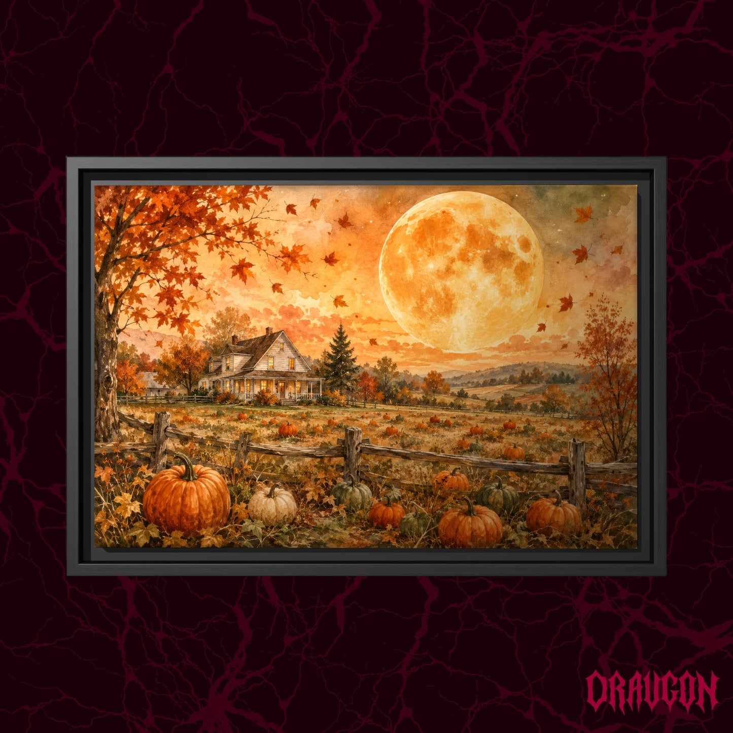 Homestead Moonrise shown as a black framed canvas against a cracked burgundy backdrop with the Draugon wordmark in the lower corner, displaying the farmhouse pumpkin field and rising harvest moon.