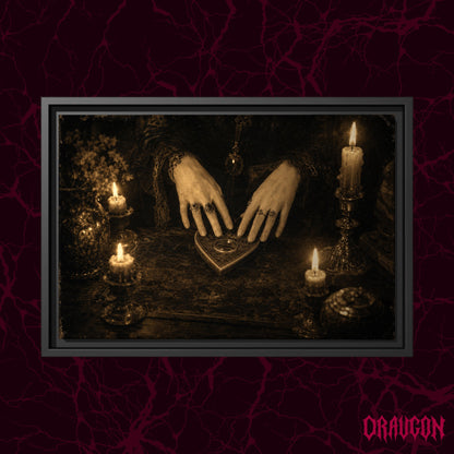 Midnight Communion shown as a black framed canvas hanging on a deep burgundy marbled background, displaying the ringed hands and heart-shaped planchette scene, with the red Draugon wordmark in the bottom right corner.