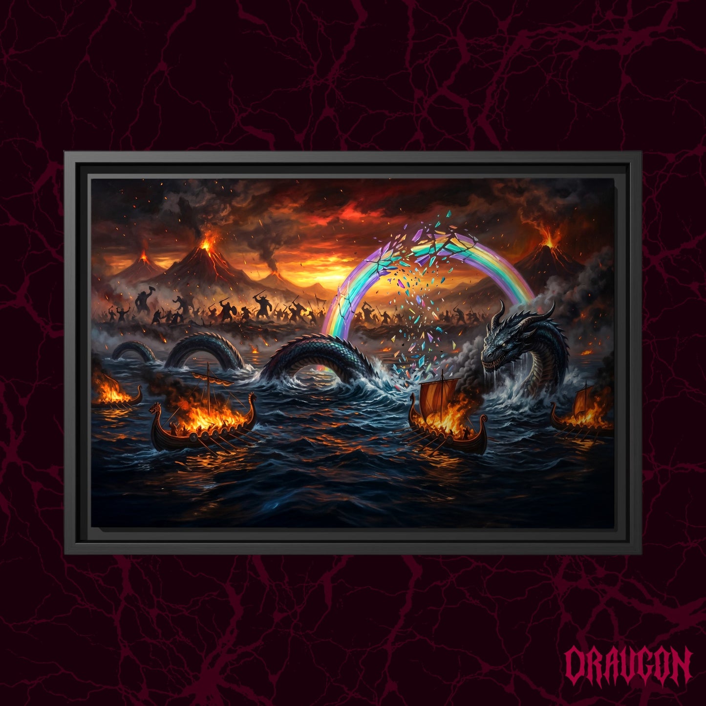Ragnarök shown as a black framed canvas against a deep red marbled backdrop with the Draugon wordmark in the lower corner, displaying the shattering rainbow bridge, the sea serpent and the burning fleet.