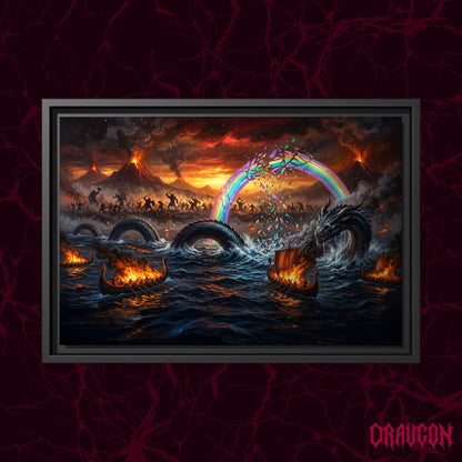 Ragnarök shown as a black framed canvas against a deep red marbled backdrop with the Draugon wordmark in the lower corner, displaying the shattering rainbow bridge, the sea serpent and the burning fleet.