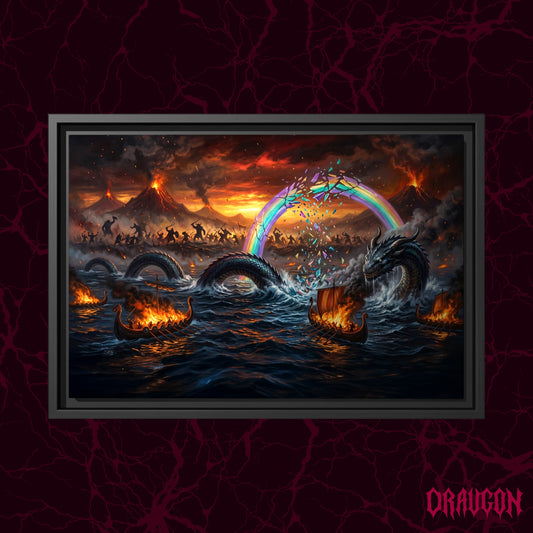 Ragnarök shown as a black framed canvas against a deep red marbled backdrop with the Draugon wordmark in the lower corner, displaying the shattering rainbow bridge, the sea serpent and the burning fleet.