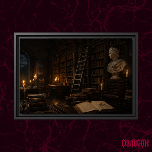 The Small Hours shown as a black framed canvas against a deep red marbled backdrop with the Draugon wordmark in the lower corner, displaying the candlelit library corner and its stack of named books.