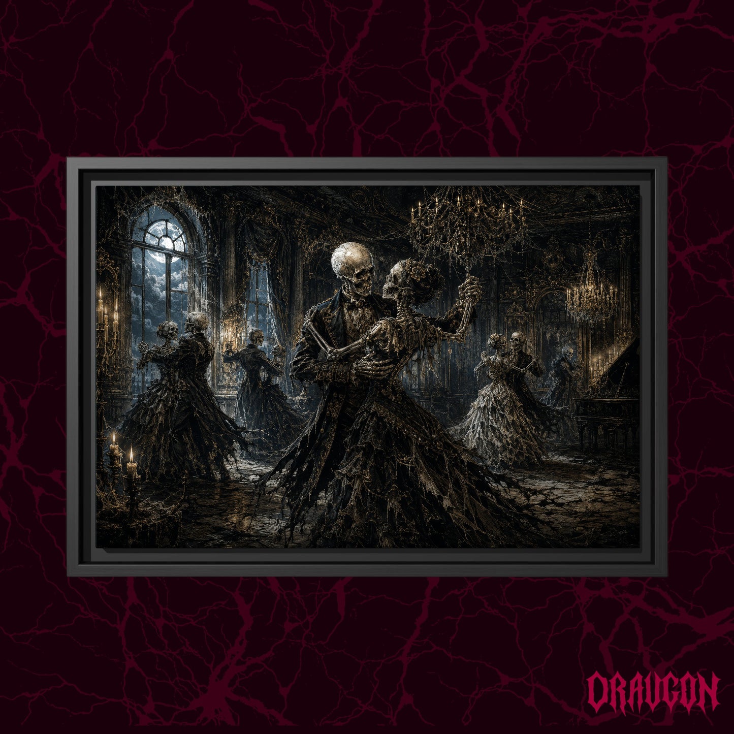 The Last Waltz shown as a black framed canvas against a deep red marbled backdrop with the Draugon wordmark in the lower corner, displaying the waltzing skeletons in their moonlit ballroom.