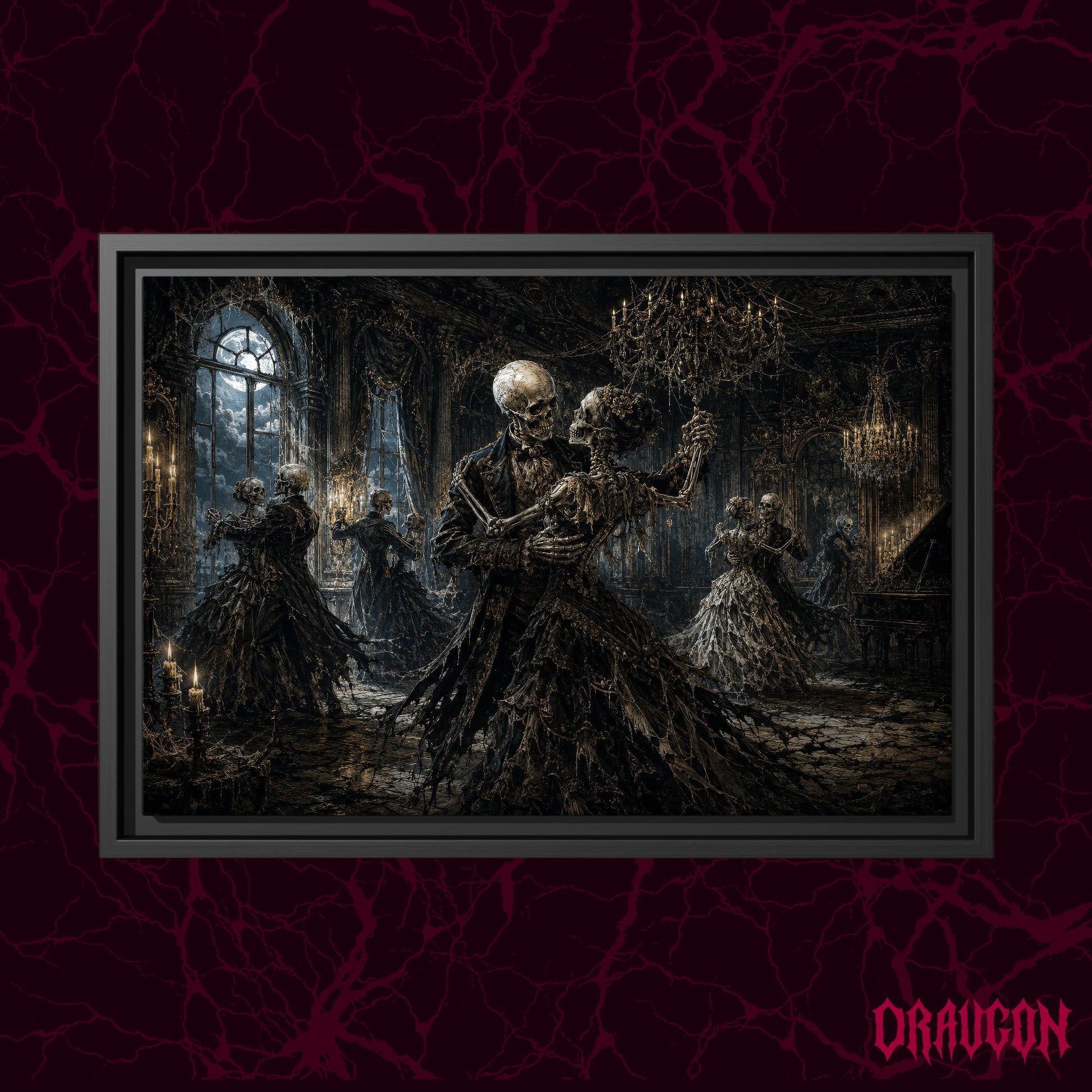 The Last Waltz shown as a black framed canvas against a deep red marbled backdrop with the Draugon wordmark in the lower corner, displaying the waltzing skeletons in their moonlit ballroom.
