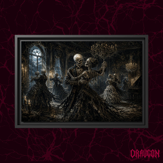 The Last Waltz shown as a black framed canvas against a deep red marbled backdrop with the Draugon wordmark in the lower corner, displaying the waltzing skeletons in their moonlit ballroom.