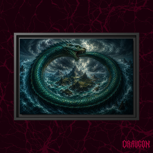 Jörmungandr shown as a black framed canvas against a deep red marbled backdrop with the Draugon wordmark in the lower corner, displaying the full serpent ring encircling the sea and island.
