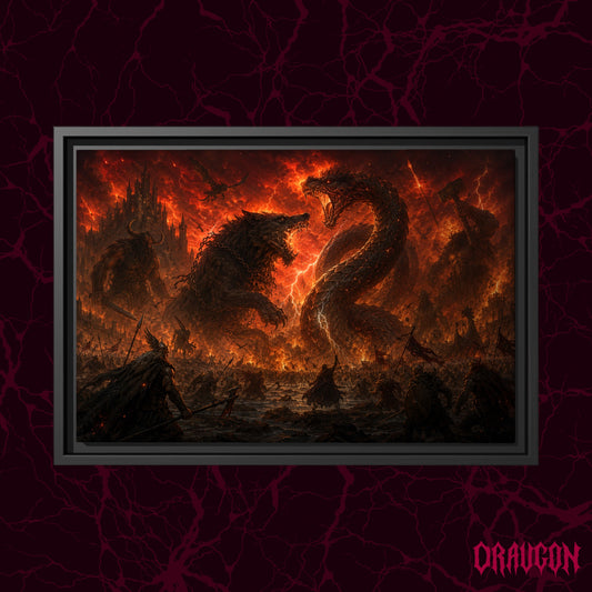 Twilight of the Gods shown as a black framed canvas against a deep red marbled backdrop with the Draugon wordmark in the lower corner, displaying the wolf and serpent facing each other in the burning sky.