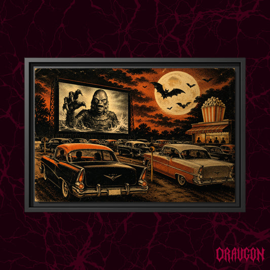 Popcorn and Moonlight shown as a black framed canvas against a deep red marbled backdrop with the Draugon wordmark in the lower corner, displaying the drive-in screen, full moon and rows of vintage cars.