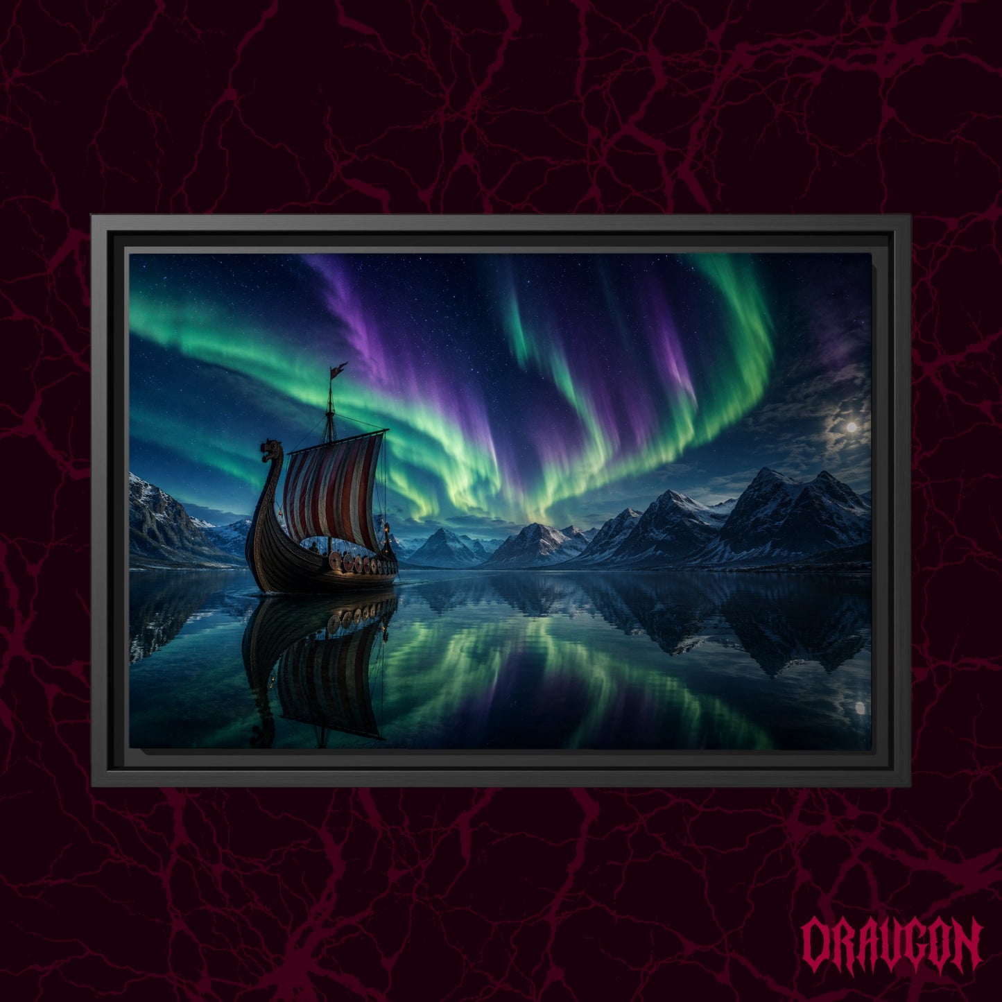 Drakkar shown as a black framed canvas against a deep red marbled backdrop with the Draugon wordmark in the lower corner, displaying the longship beneath the green and violet aurora.