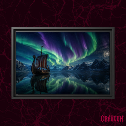 Drakkar shown as a black framed canvas against a deep red marbled backdrop with the Draugon wordmark in the lower corner, displaying the longship beneath the green and violet aurora.