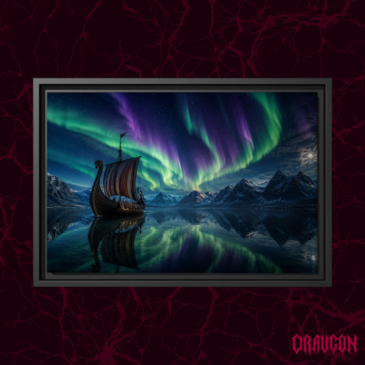 Drakkar shown as a black framed canvas against a deep red marbled backdrop with the Draugon wordmark in the lower corner, displaying the longship beneath the green and violet aurora.