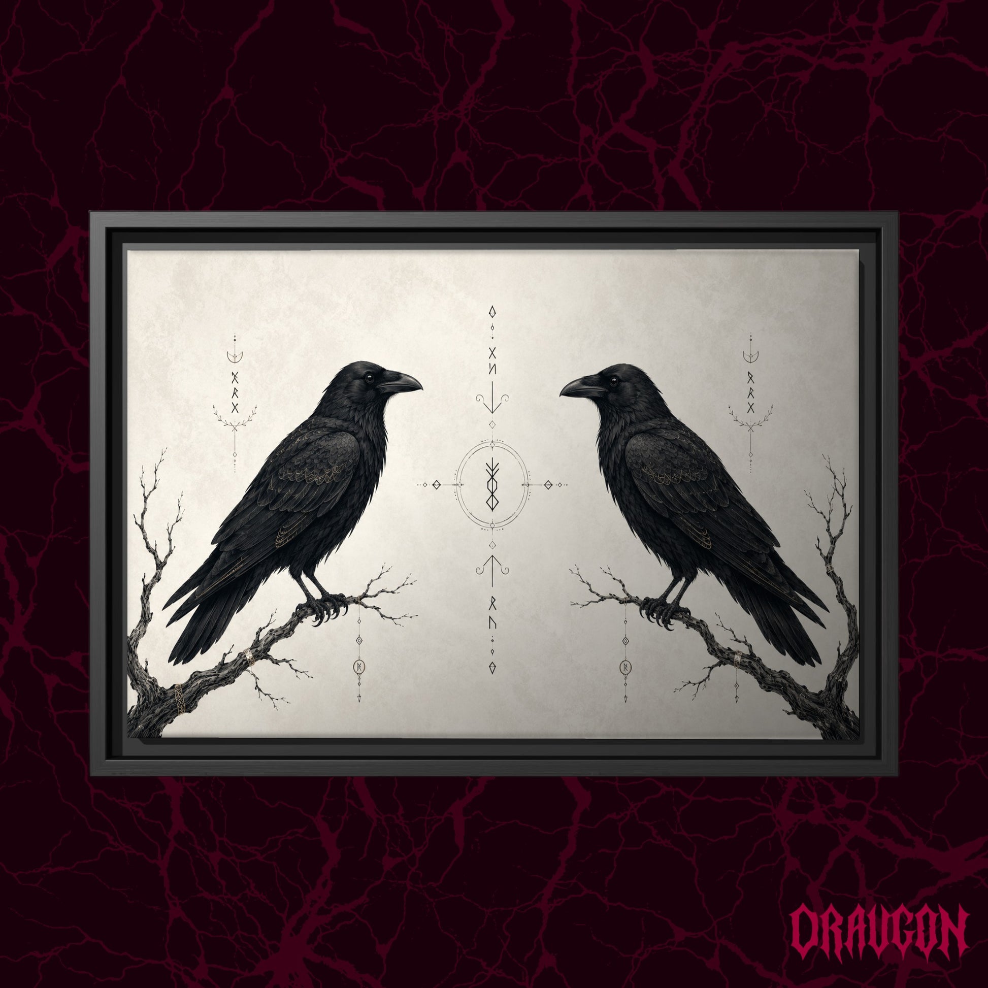 Huginn & Muninn shown as a black framed canvas against a deep red marbled backdrop with the Draugon wordmark in the lower corner, displaying the two mirrored ravens and the central rune column.