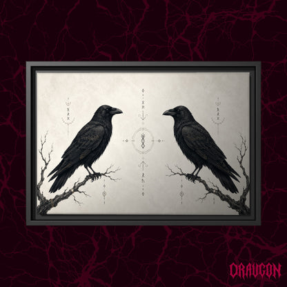 Huginn & Muninn shown as a black framed canvas against a deep red marbled backdrop with the Draugon wordmark in the lower corner, displaying the two mirrored ravens and the central rune column.