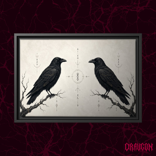 Huginn & Muninn shown as a black framed canvas against a deep red marbled backdrop with the Draugon wordmark in the lower corner, displaying the two mirrored ravens and the central rune column.