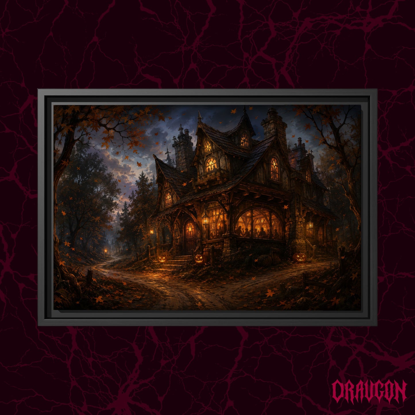 Lantern's End Inn shown as a black framed canvas against a deep red marbled backdrop with the Draugon wordmark in the lower corner, displaying the glowing timber tavern and its lantern-lit forest road.