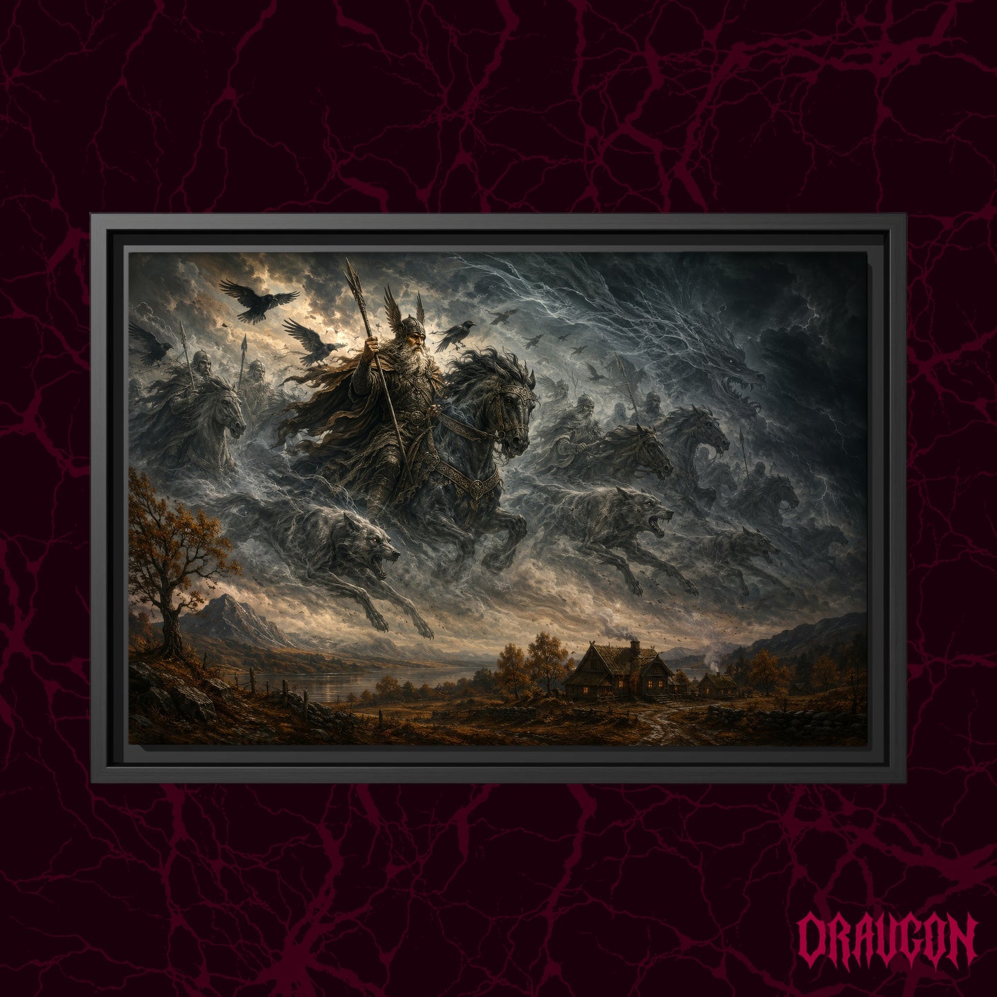Oskoreia shown as a black framed canvas against a deep red marbled backdrop with the Draugon wordmark in the lower corner, displaying Odin's spectral cavalcade thundering above a lit farmstead.