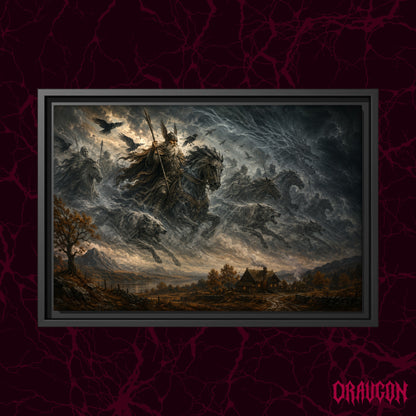 Oskoreia shown as a black framed canvas against a deep red marbled backdrop with the Draugon wordmark in the lower corner, displaying Odin's spectral cavalcade thundering above a lit farmstead.