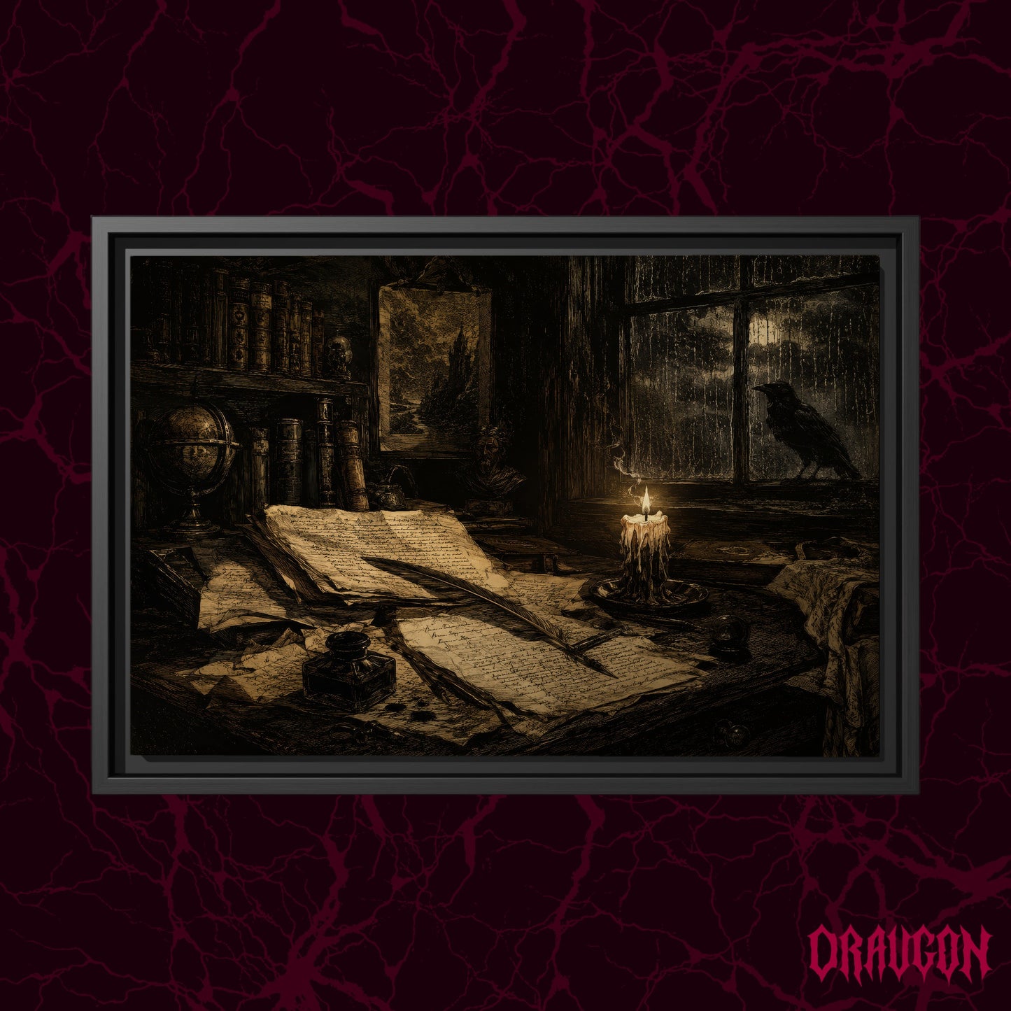 The Unfinished Letter shown as a black framed canvas against a deep red marbled backdrop with the Draugon wordmark in the lower corner, displaying the scattered letters, candle and the raven at the rain-streaked window.